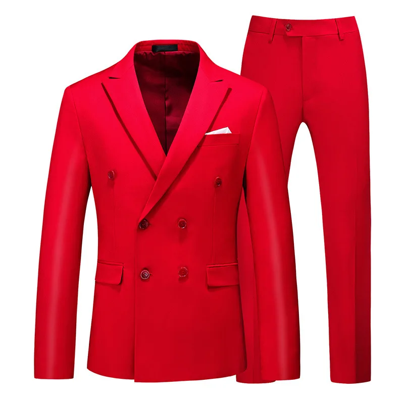 

2020 Autumn New Men's Solid Color Suit Youth Double-breasted Suit Two Pieces