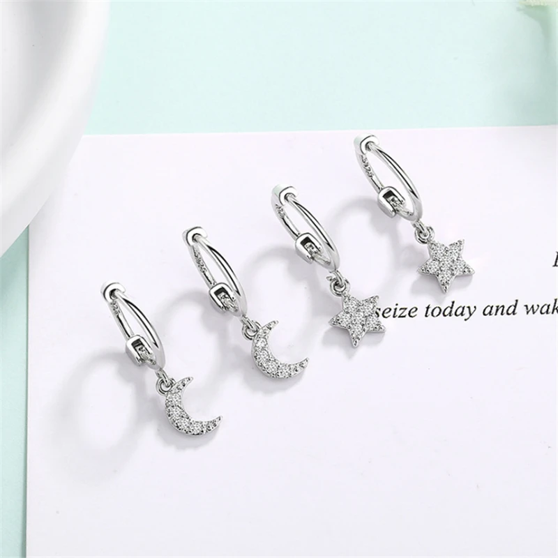 

Tibetan Sliver 2019 Women's Earring Moon Star Asymmetrical Statement Earings Fashion Jewelry Korean Brinco CZ Stones SE749