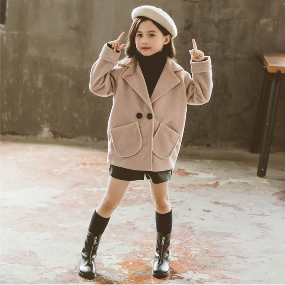 Winter Jacket Girl Solid Slim Outerwear Plus Thick Wool Coat For Girls Autumn Korean Kids Clothes 6 8 10 12 14 | Детская одежда и