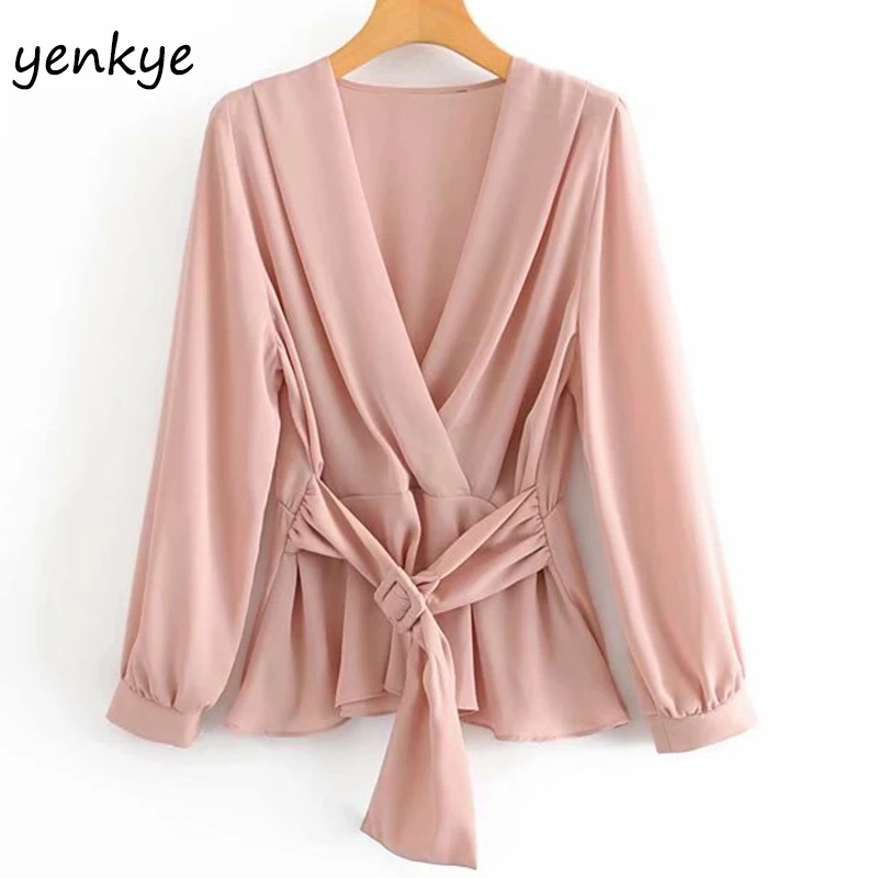 Модная женская однотонная блузка с поясом рубашка v-образным вырезом и длинным