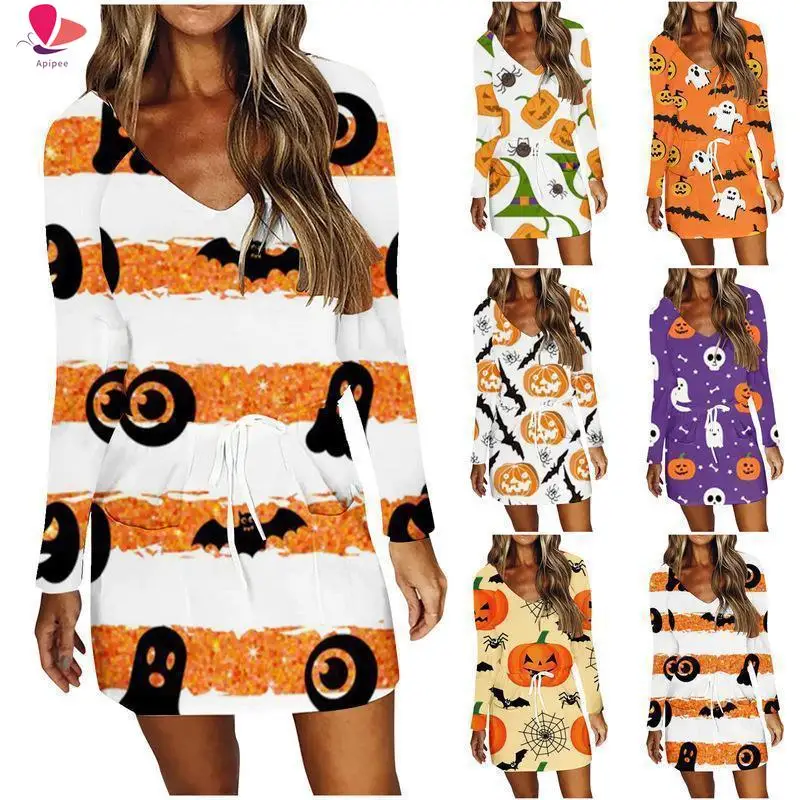 

Women Casual Halloween V-neck Long Sleeve Dresses Pumpkin Print Bandage Draw Back Mini Dress Vestidos De Mujer Casual