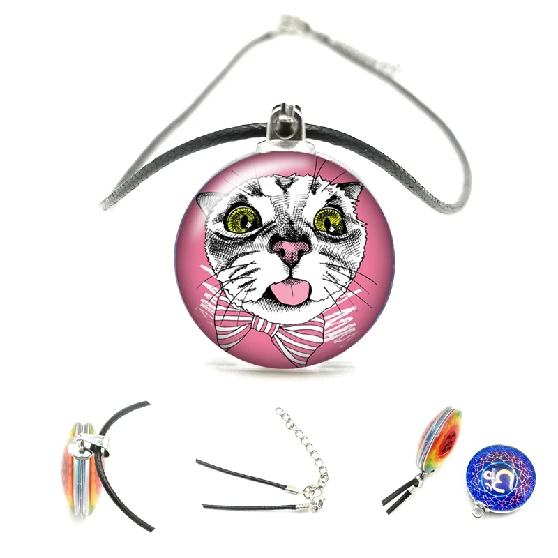 

Cartoon Cute Cat Double-sided Pendant Necklace 25mm Glass Cabochon Black Leather Rope Necklace Men and Women Jewelry Gifts