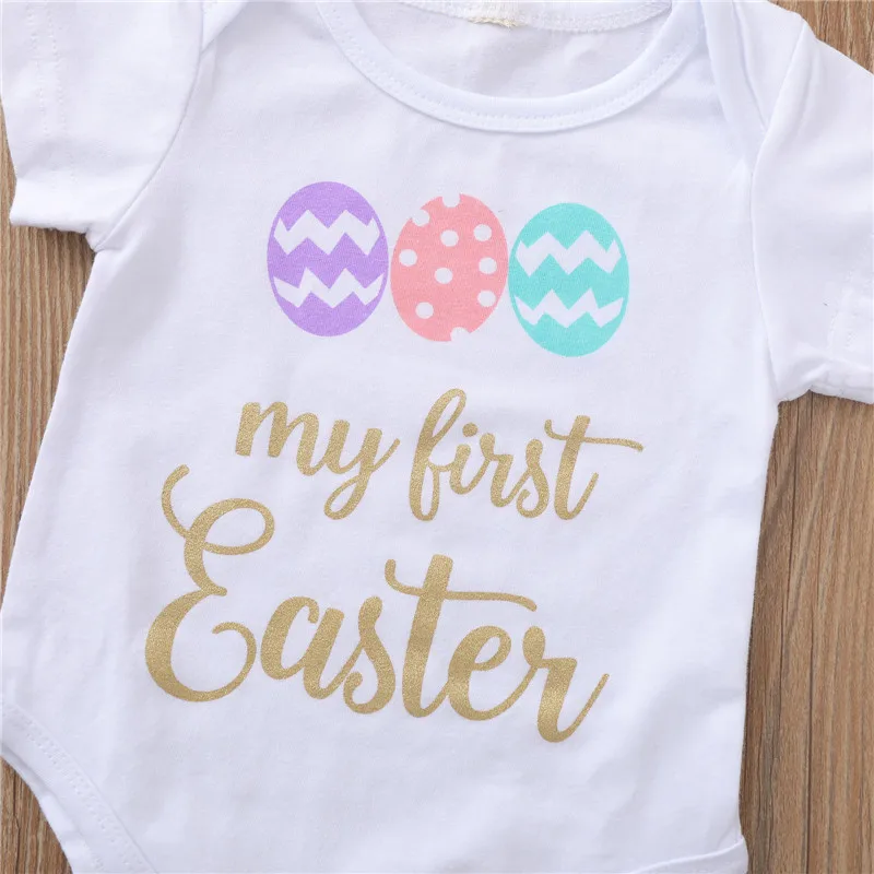 

0-24M Newborn Baby Girl Short Sleeve Clothes Sets Easter Letter Printed Romper Tops Rainbow Mesh Tutu Skirt Headband 3PCS Summer