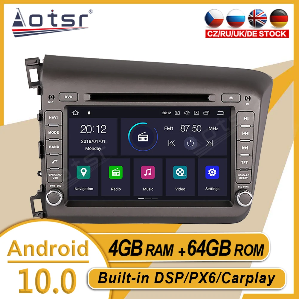 

4+64GB For HONDA CIVIC 2012 2013 2014 2015 Car Stereo Multimedia Player Android GPS Navi Auto Auido Radio Carplay PX6 Head Unit