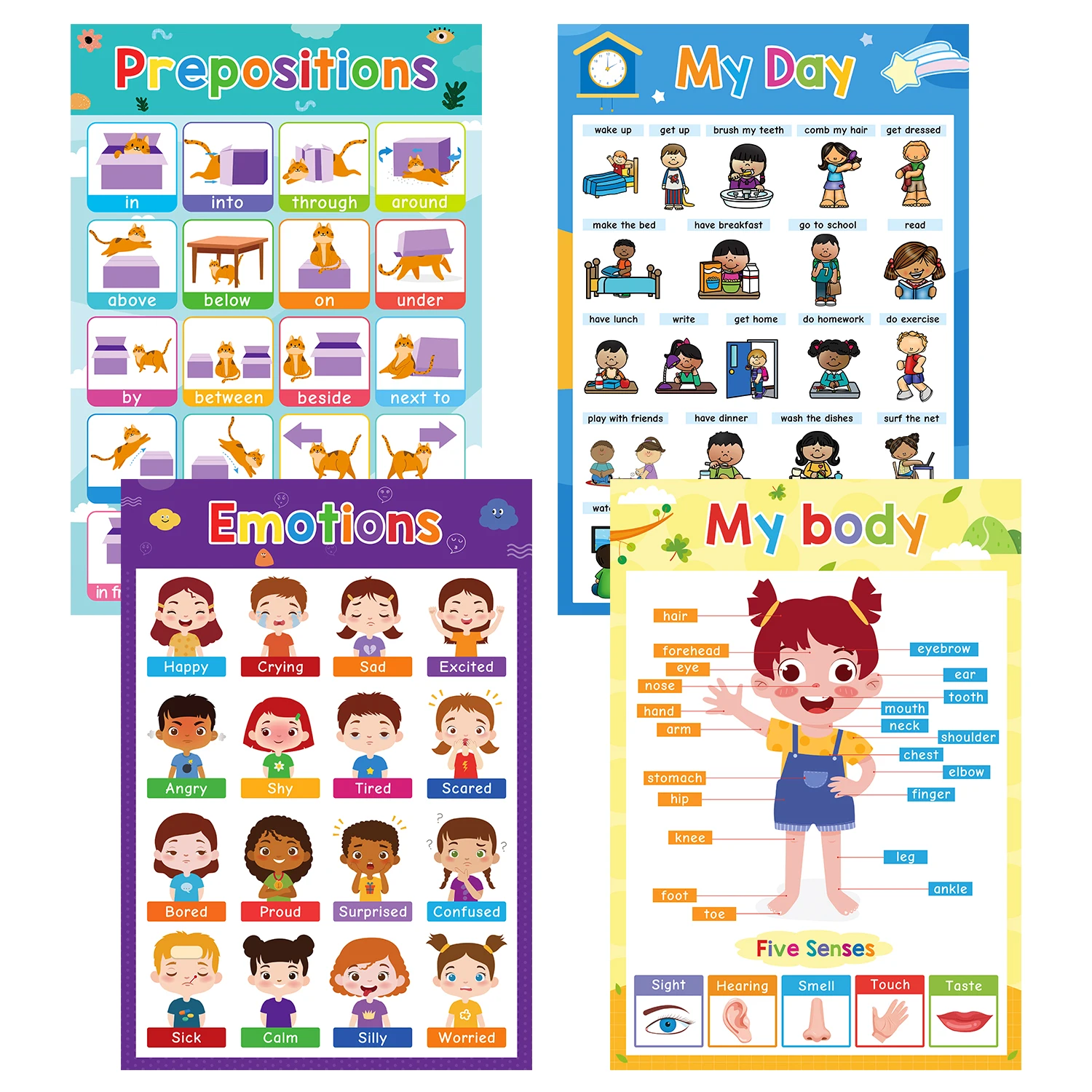 

4 Pcs/set A3 Big Size Learning Educational Wall Posters My Body Day Prepositions Emotions English Words Poster Kids Room Decor