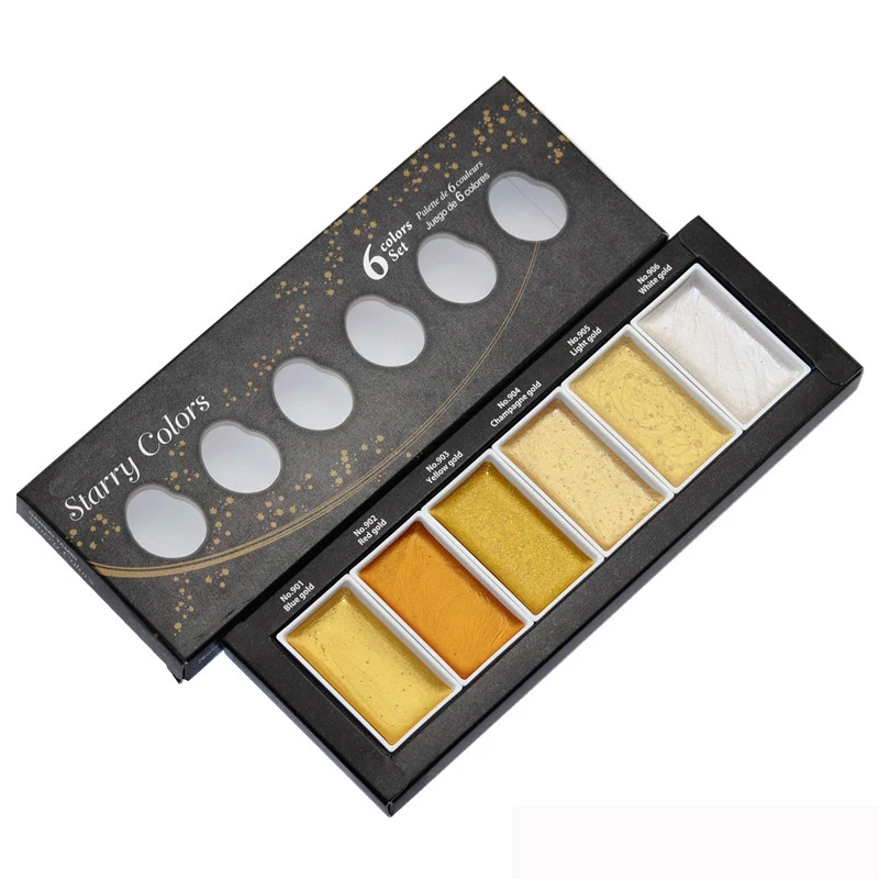 6 Starry Colors Metallic Gold Watercolor Paints Pearl Color Kawaii Stationary Students Portable Water color Cake Art Supplies| |