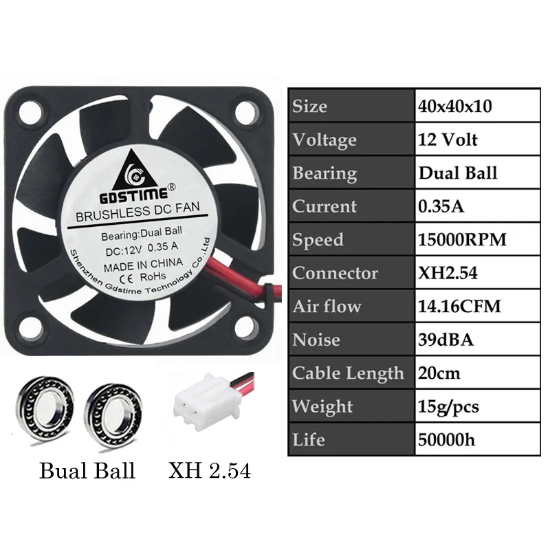 12VDualBall0.35A 2 шт. Gdstime DC 5 в 12 В 24 в 40 мм x 40 мм x 10 мм 40 мм шарикоподшипник рукав мини маленькое охлаждение 4 см вентилятор 3d принтер охлаждающий вентилятор - Цвет лезвия: 12VDualBall0.35A