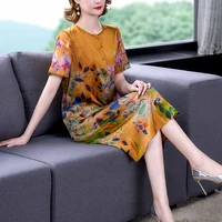 female floral mulberry silk o neck midi dress 2022 korean vintage casual party vestidos summer short sleeve elegant bodycon robe