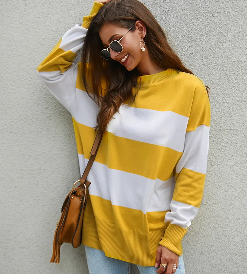 

Korean Style Women Striped Sweater Women Fashion Round Neck Long Sleeve Pullover Women Autumn Winter Knitted Sweater Pull Femme