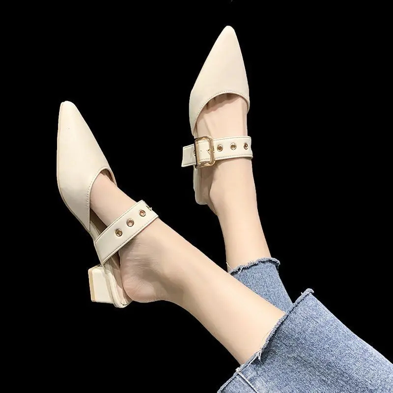 

2021 Woman Metal Buckle High Heels Female Pointed Toe Shoes Women Closed Leather Casual Slippers