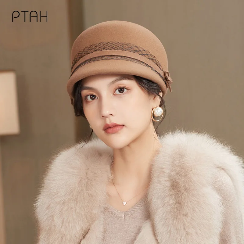 

[PTAH] 100% Wool Fedoras For Women Autumn Winter Hats Vintage Church Fedoras Hats Fascinator Floppy Camel Hat Tocados Para Bodas