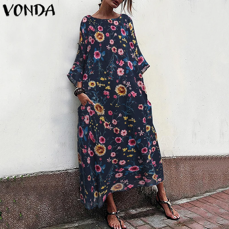 Женское длинное платье VONDA винтажное повседневное праздничное с круглым вырезом