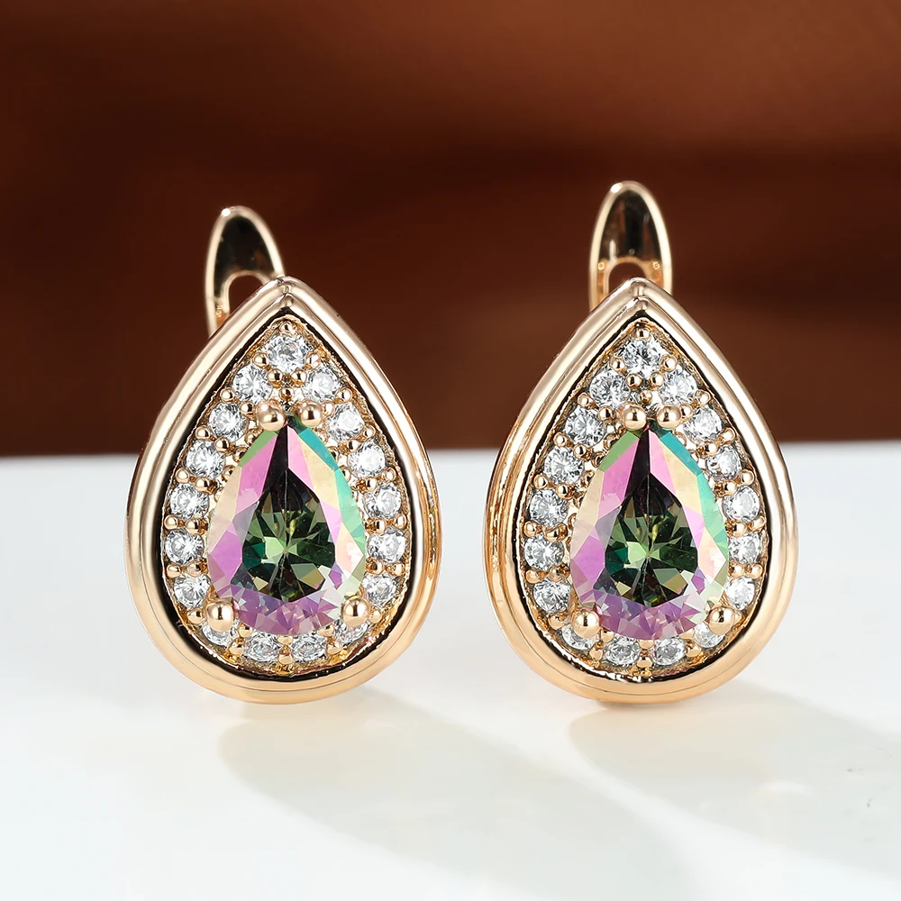 

For Women Water Drop Ear Buckle Luxury 14K Gold Rainbow Zircon Earrings Female Ear Clips Wedding Birthday Jewelry Gift Charms