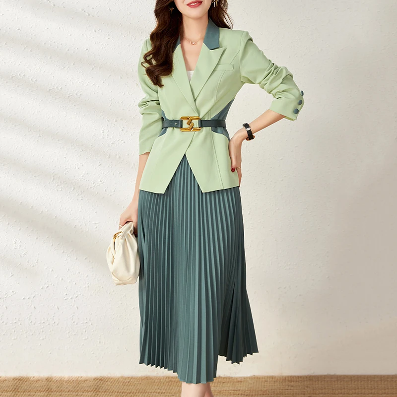 LANMREM Повседневный Блейзер Пальто с эластичной талией плиссированная юбка для