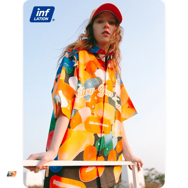 

INFLATION Colorful Graphic Hawaiian Shirts Men Streetwear Stylish Holiday Beach Short Sleeve Shirts Male 2237S21