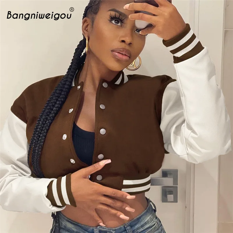 

Bangniweigou Single Breasted Bomber Jacket Women Fall Winter Striped Raglan Sleeve Go Out Wear Short Baseball Uniform Streetwear