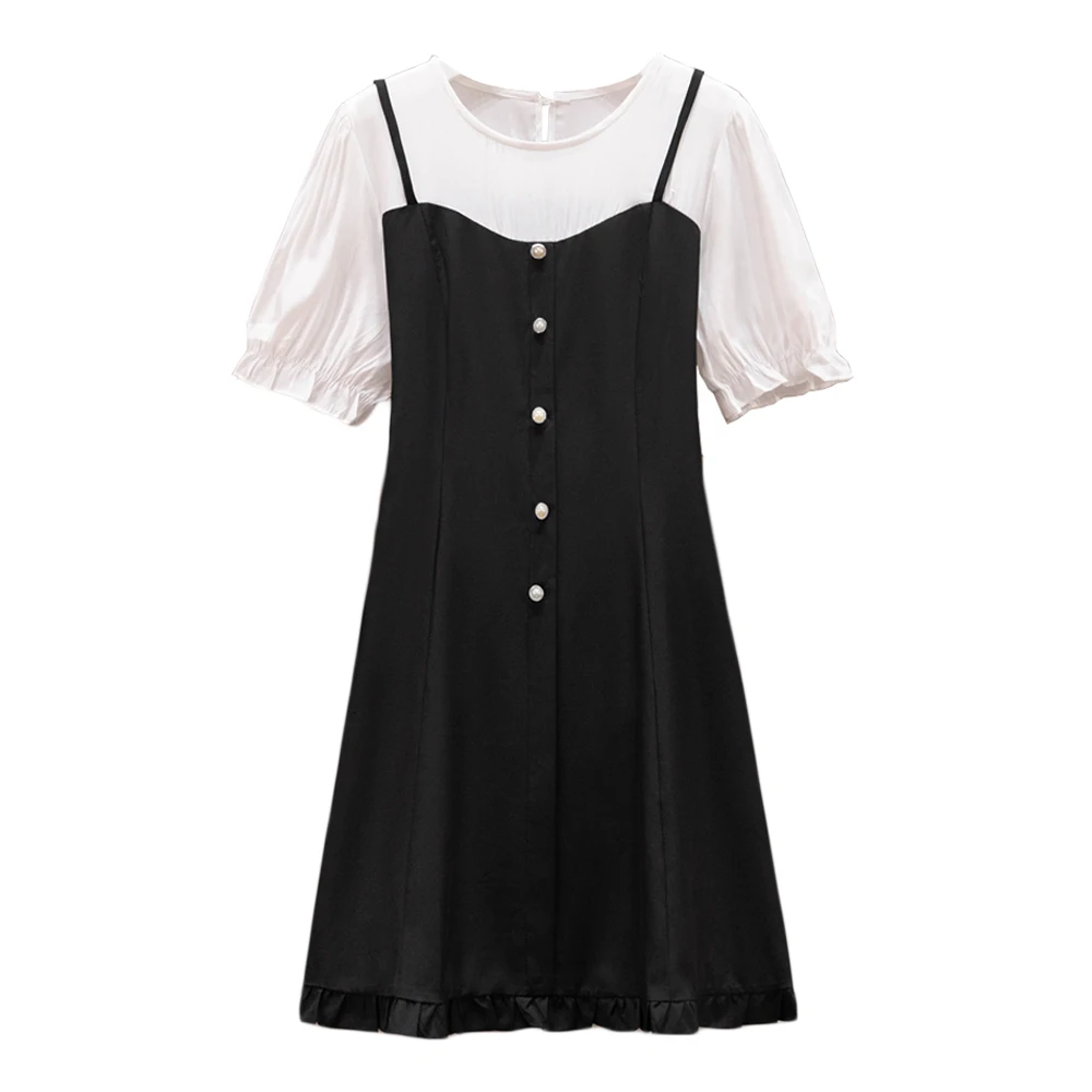 

Loose L-4XL Fake Two Pieces Black Plus Size Women Dress Summer Short Sleeve Office Lady Casual Fashion Korean A-line Dresses