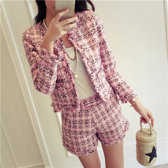 

Fashion Fringed Trim Jacket Coat + Tassels Short Suit Women's suit Spring Tweed 2 Piece Set Women Slim Plaid Short Set