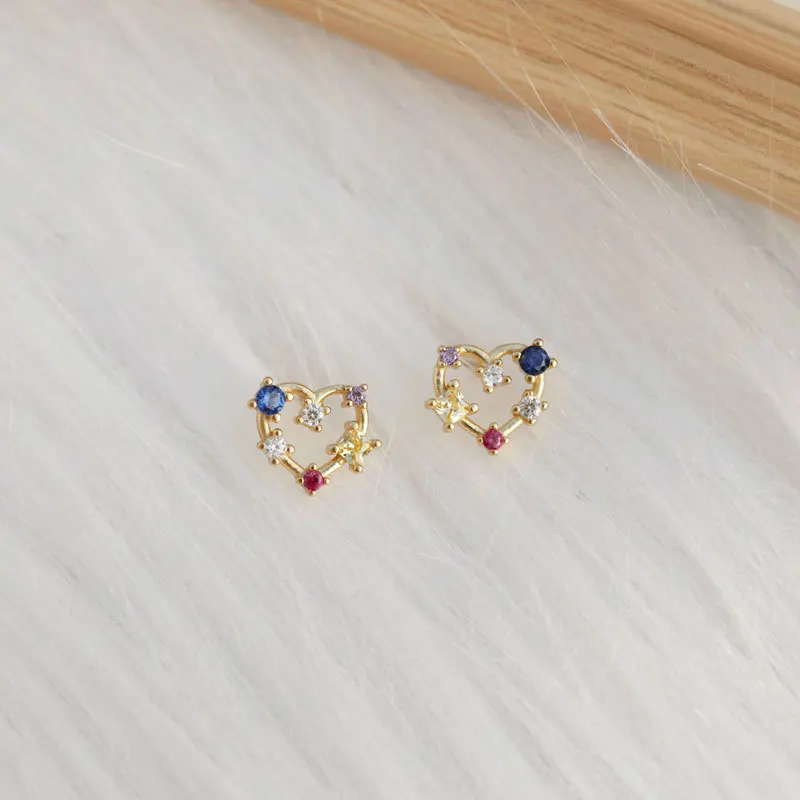 

S925 Sterling Silver Colored Zircon Hollow Small Love Stud Earrings Mini Temperament Design Earrings