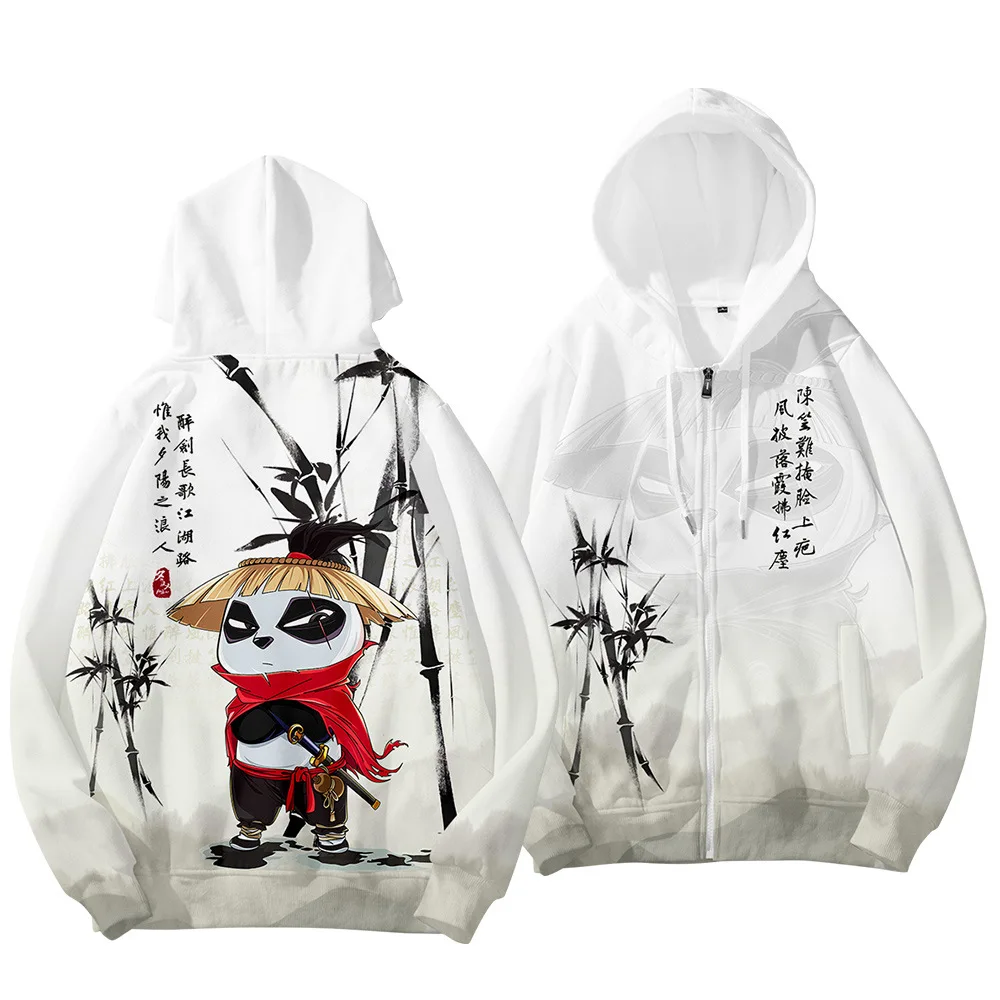 

Парные женские и мужские пальто на молнии с принтом панды и самурая, толстовки, уличная одежда в стиле Харадзюку, модная повседневная толсто...