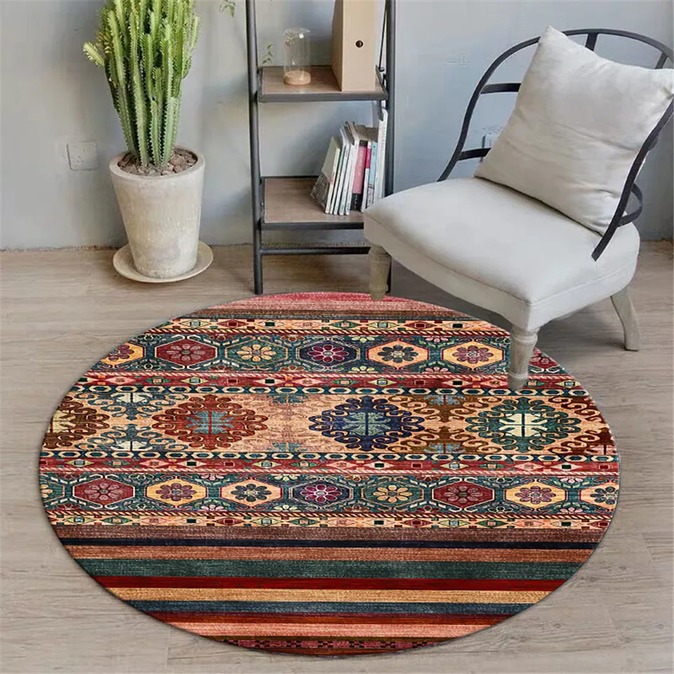 

Bohemia Round Vintage Carpet Ethnic Style Colorful Strip Geometric Printed Living Room Rug Bedroom Rug Hanging Basket Chair Mat