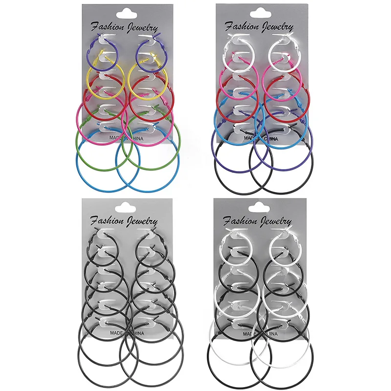 

6 Pairs Hippie Hoop Earrings 6 Colors Circle Round Hypoallergenic Geometric Big Earrings For Women Punk Rock Jewelry Sets New