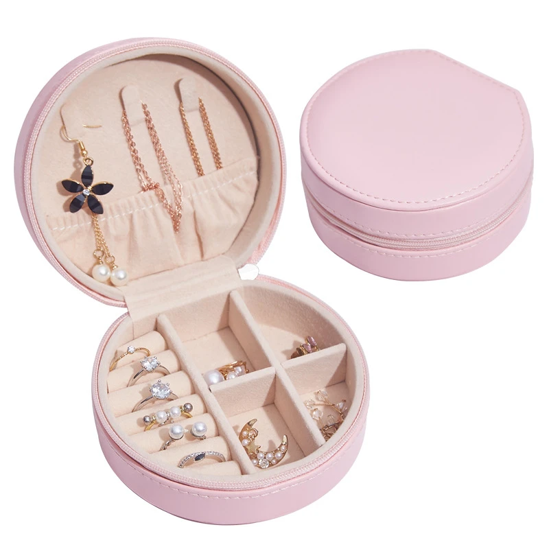 

8Seasons Fashion Round PU Leather Jewelry Box Storage Box Rings Necklace Display Women Case Portable Jewelry Organizer,1Piece