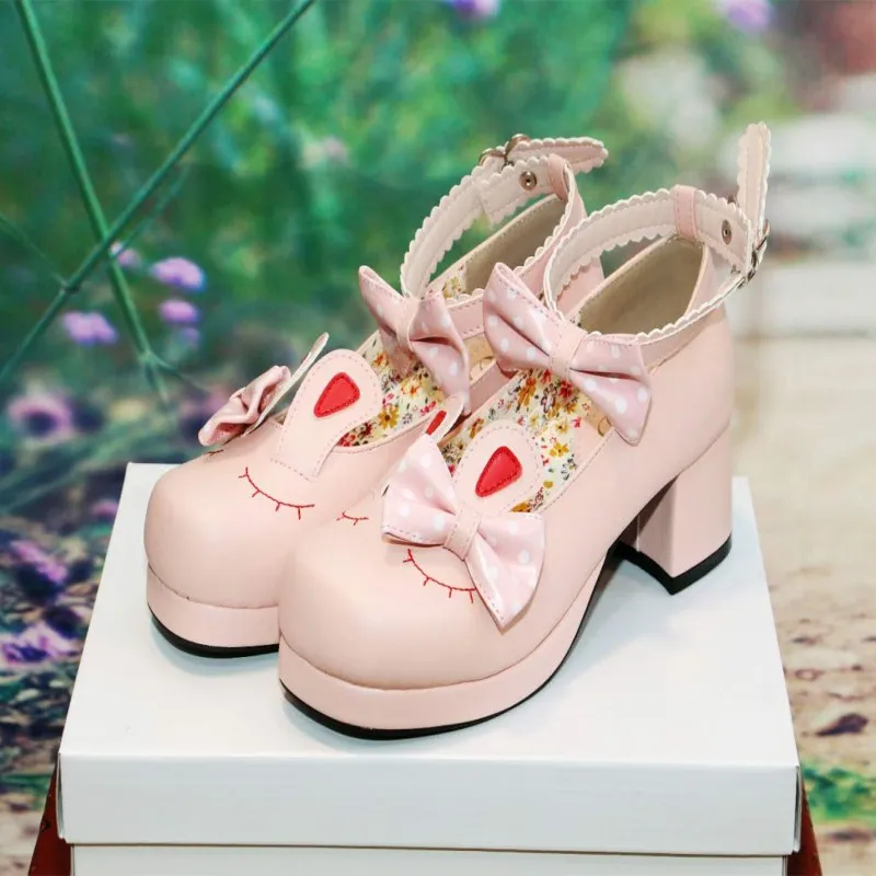 

Japanese Sweet Lolita Shoes Rabbit Ears Bowknot Princess Kawaii Girl Women Shoes Coarse Heel Cos Sweet 3 Colors PU Lovely Loli