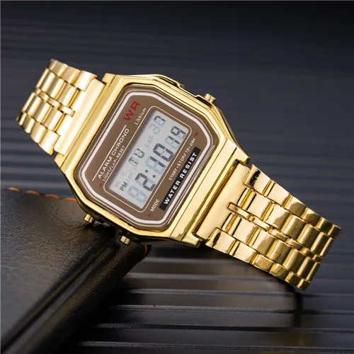 Золотой Мужские и женские часы унисекс, золотые, серебряные, винтажные, из нержавеющей стали, светодиодный, спортивные, военные, наручные часы, электронные, цифровые часы, подарок - Цвет: Золотой