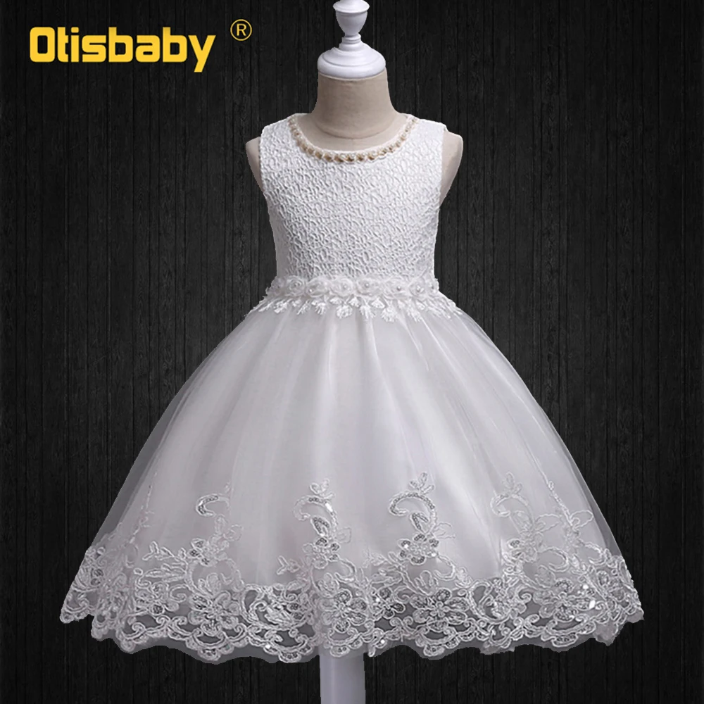 

Pouplar Children Fancy White Lace Princess Dress Children Party Beaded Wedding Dresses Summer Kids Girl Sleeveless Flower Dress