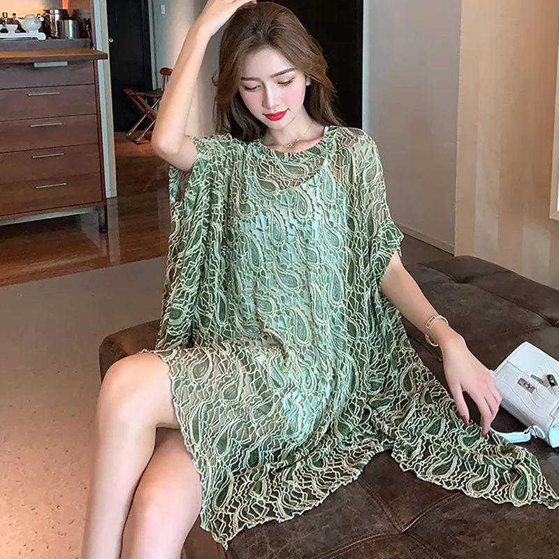 

Женская кружевная ажурная блузка, элегантная длинная ажурная блузка с рукавом «летучая мышь», накидка, пуловер с капюшоном, рубашка, лето 2021