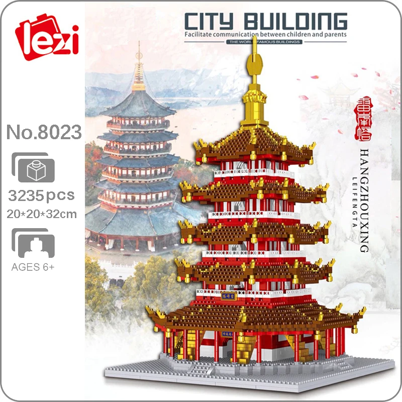 

Lezi 8023 World Architecture Leifeng Pagoda Tower 3D Model DIY Mini Diamond Blocks Bricks Building Toy for Children no Box