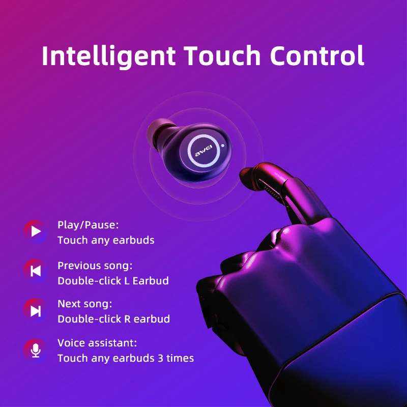 TWS стереонаушники AWEI T19 с поддержкой Bluetooth 5 0 и зарядным футляром на 2500 мА ·