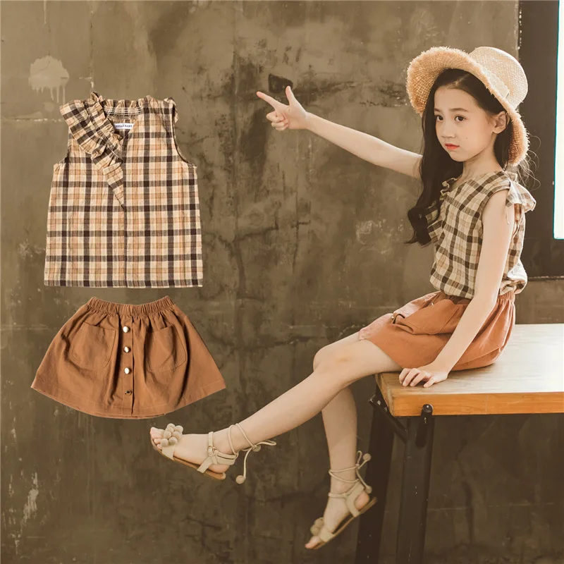 Комплект одежды для девочек лето 2021 клетчатая рубашка без рукавов + юбка