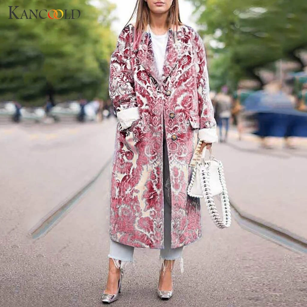 KANCOOLD New Fashion Women's Winter Button Lapel Print Long Sleeve Pocket Casual Overcoat Streetwear Blouse Coat |