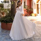 Платье невесты Sevintage, шифоновое, с длинными пышными рукавами, кружевное, с круглым вырезом, со шлейфом, для свадьбы, вечевечерние, свадебное платье-бохо