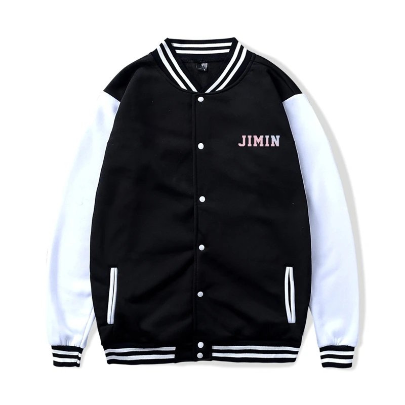 

Men Patchwork Baseball Uniform Jacket Autumn And Winter Pink Letter Print Jimin Korean Couples Harajuku Style Bangtan Boys Coat