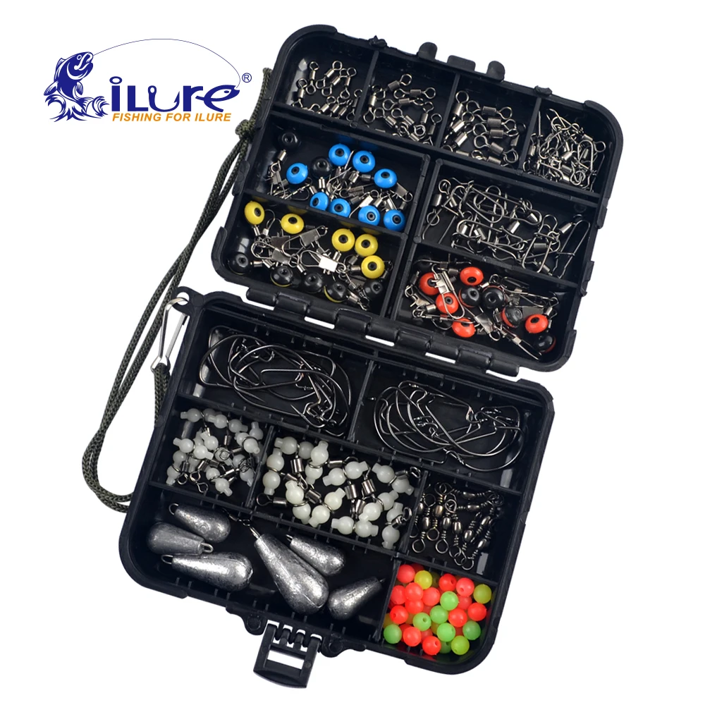 ILure-Kit de accesorios de pesca, 177 unids/caja que incluye anzuelos de plantilla, pesas de plomo, ganchos giratorios, caja de aparejos de pesca