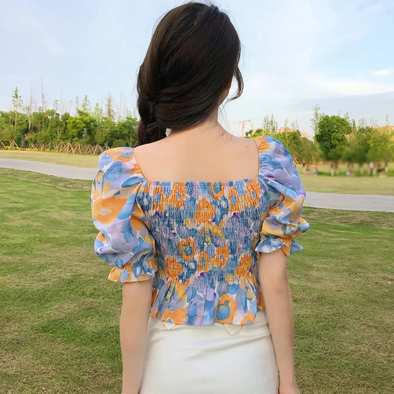 

2020 Women's Floral Print Square Collar Single-Breasted Sweet Short Sleeve Shirt Blouses Summer New S1
