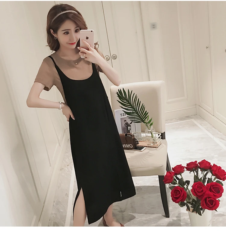 1927# 2PCS/Set Summer Korean Fashion Maternity Long Dress Sexy Sweet Side Splits Sling Dress for Pregnant Women Pregnancy Shirt