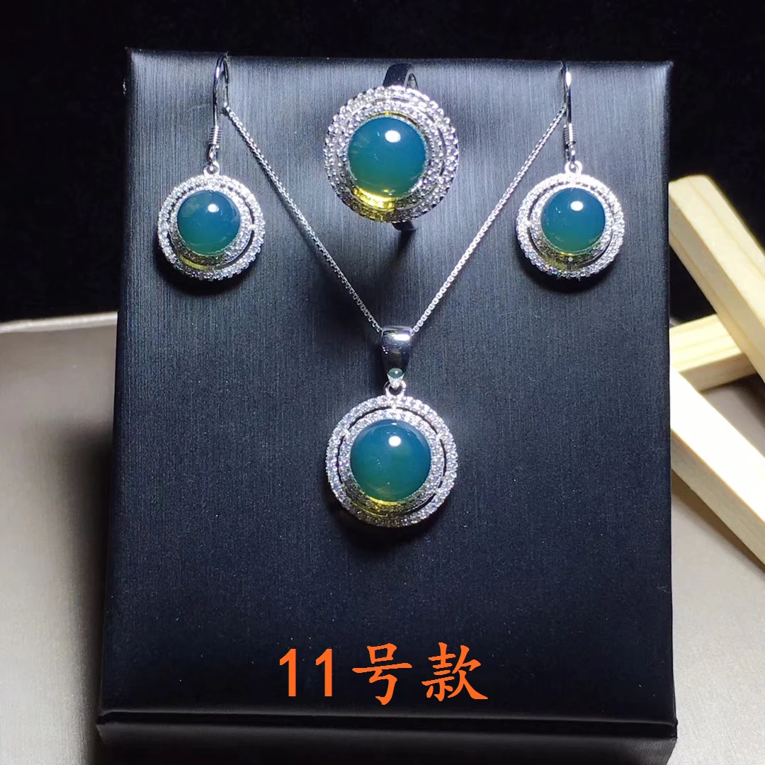 

Natural 925 sterling silver inlaid 100% real blue amber beads necklace ring earrings for women amber bracelet jewelry sets
