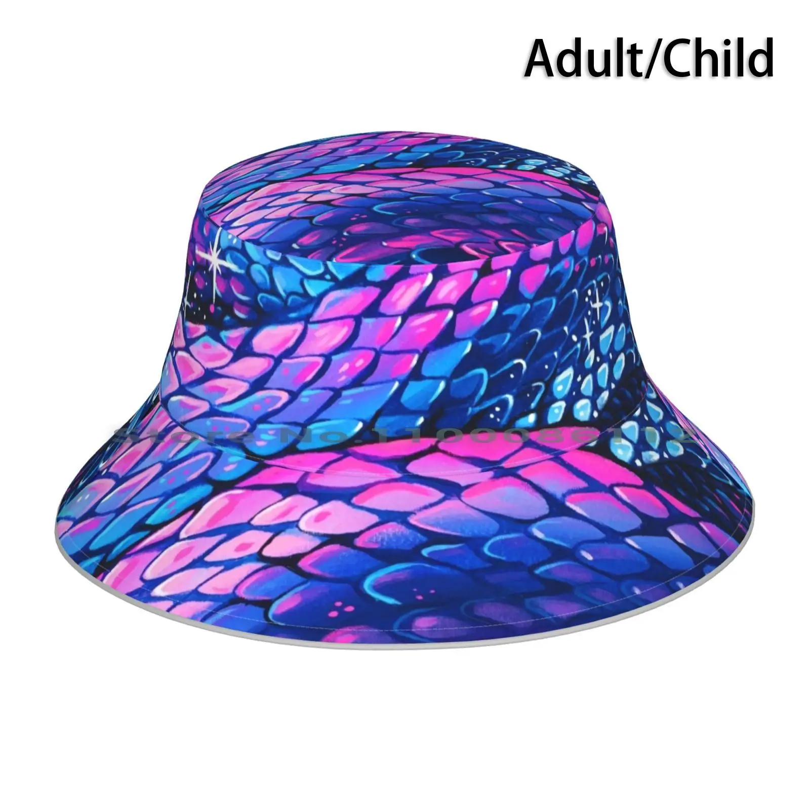 

Slither Bucket Hat Sun Cap Snakes Reptile Python Boa Animals Scales Dragon Colorful Pink Blue Sparkly Pattern Nature Texture