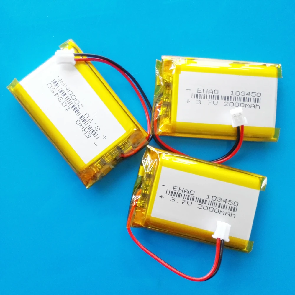 

3 PCS 103450 3.7V 2000mAh Lipo Polymer Lithium Rechargeable Battery + JST PH 2.0mm 2pin Plug For MP3 GPS Navigator DVD Recorder