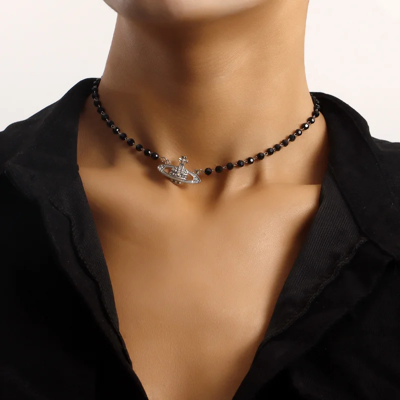 

Vintage Boho Crystal Bead Choker Planet Pendant Chain Necklace for Women Silver Color Collar Wedding Fashion Jewelry Gift