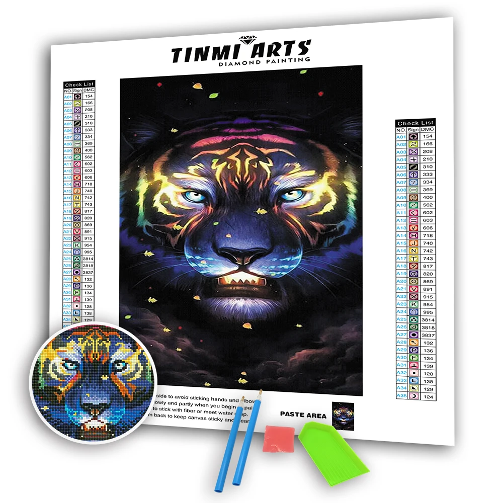 

5D DIY Full Round Diamond Paintings Neon Tiger Animal Cross Stitch Mosaic Kits Embroidery Paint with Art Sticker Decoration Home