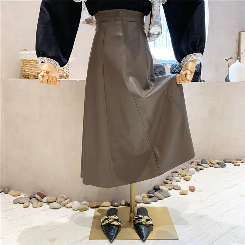 

Женская юбка из искусственной кожи, трапециевидная тонкая юбка средней длины с высокой талией в стиле ретро, осень 2021