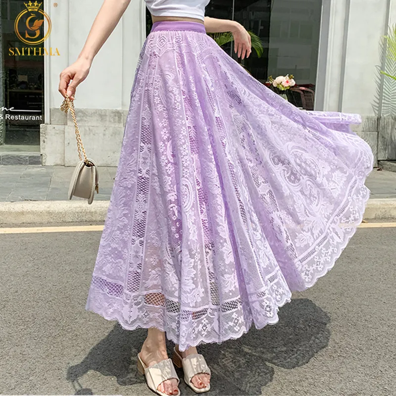 

SMTHMA эластичные повседневные кружевные юбки с высокой талией для женщин Лето 2022 Новая модная Корейская длинная Милая женская фиолетовая юбк...