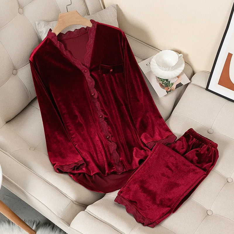

JULY'S SONG 2 Pieces Velvet Pajamas Set Solid Homewear Winter Autumn Women Sleepwear Pajamas Suit Sexy Elegant Warm Nightwear