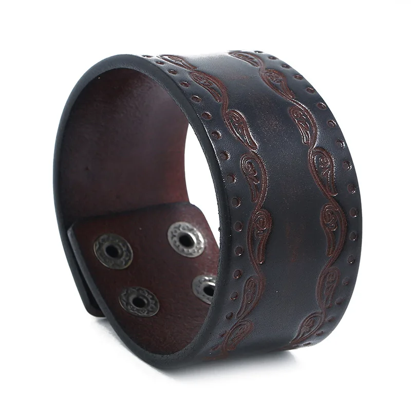 

Vintage Men Women Leather Bangles Original Leather Wide Bracelet Black Brown Color Punk Ethnic Jewelry