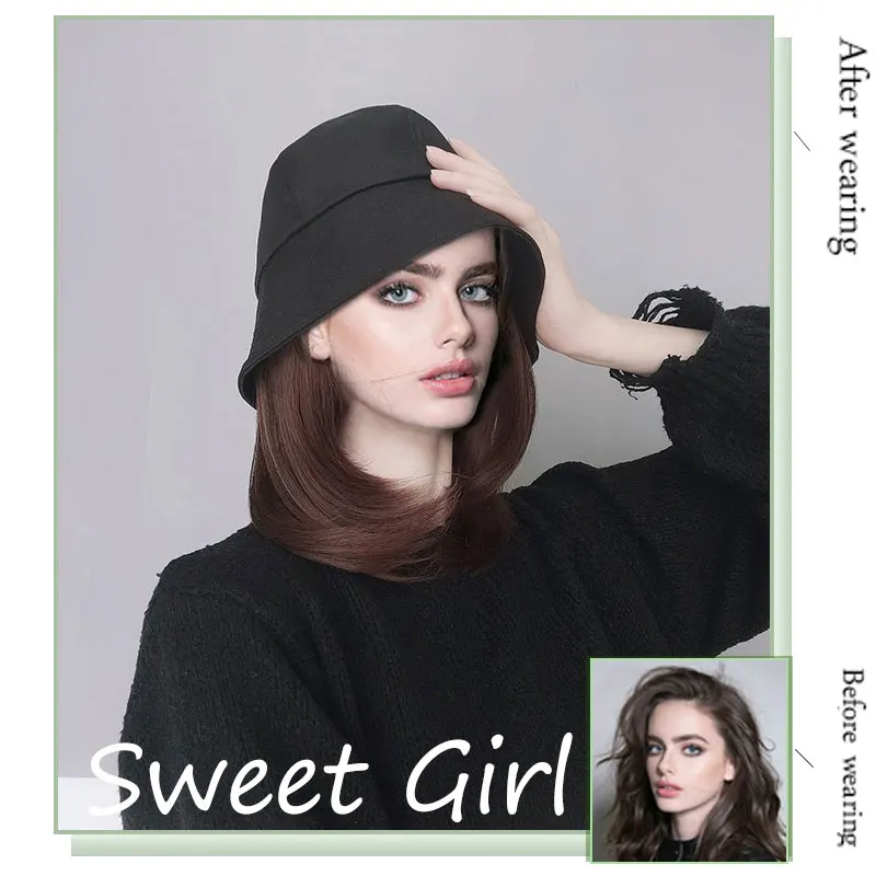 Synthetic Fisherman's Hat Hair Wig Natural Black / Brown Short Straight Wigs Naturally Connect Synthetic Hat Wig Adjustable For